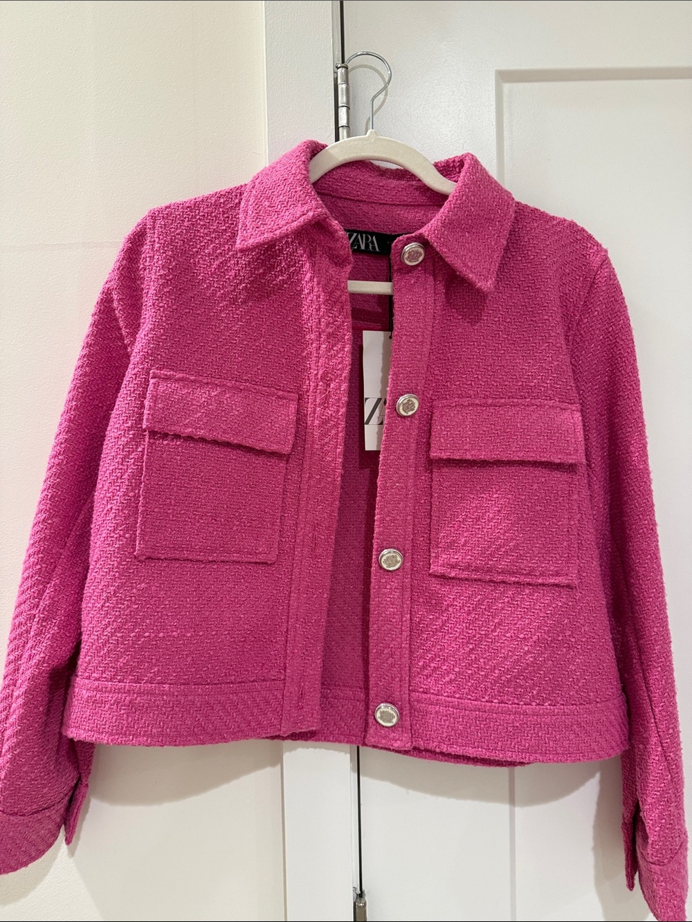 Zara Bright Pink Tweed Jacket with Front Pockets